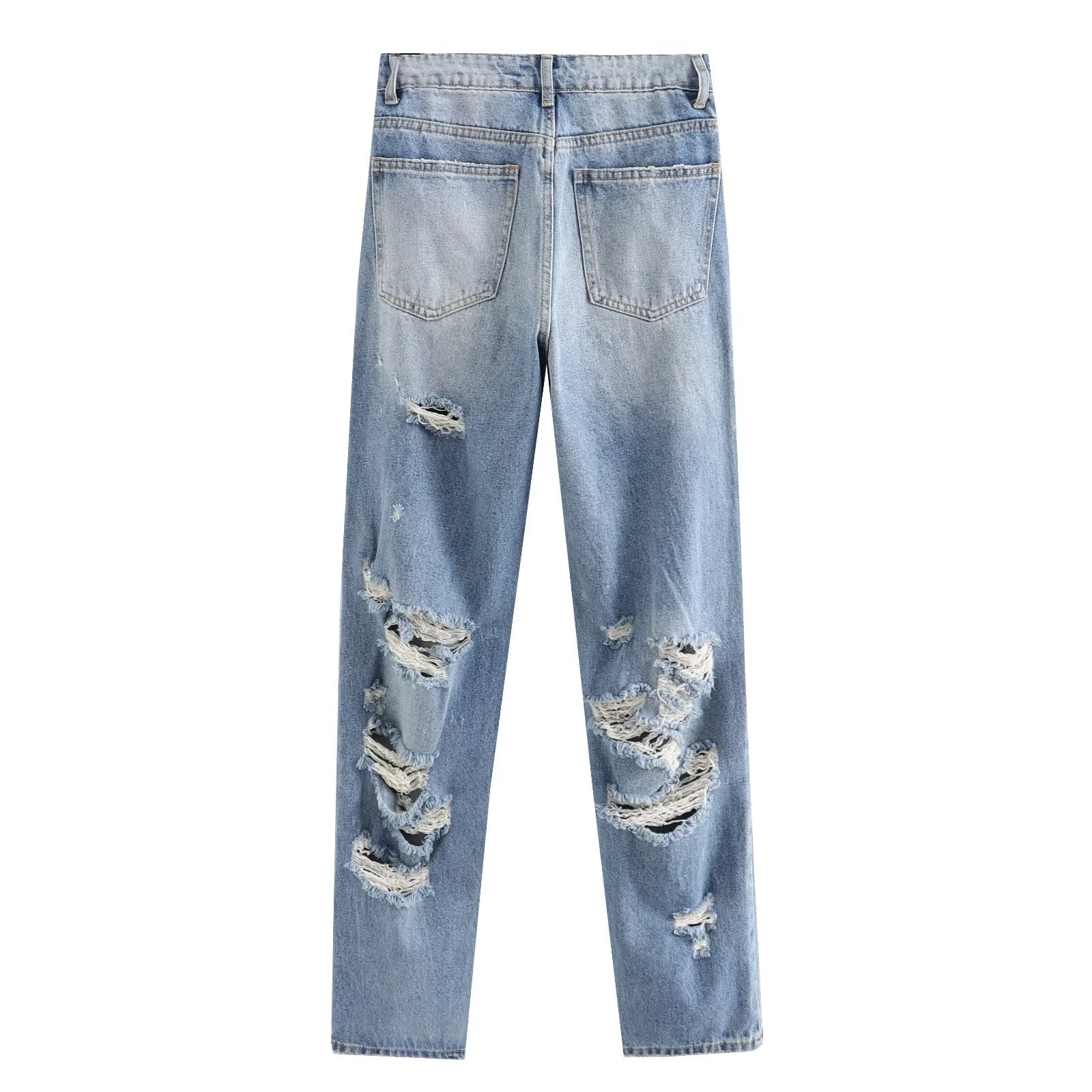 Lässige Hose mit geradem Bein und perforierter Lochdekoration. Lockere Jeans mit mittlerer Taille