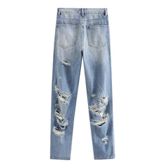 Lässige Hose mit geradem Bein und perforierter Lochdekoration. Lockere Jeans mit mittlerer Taille