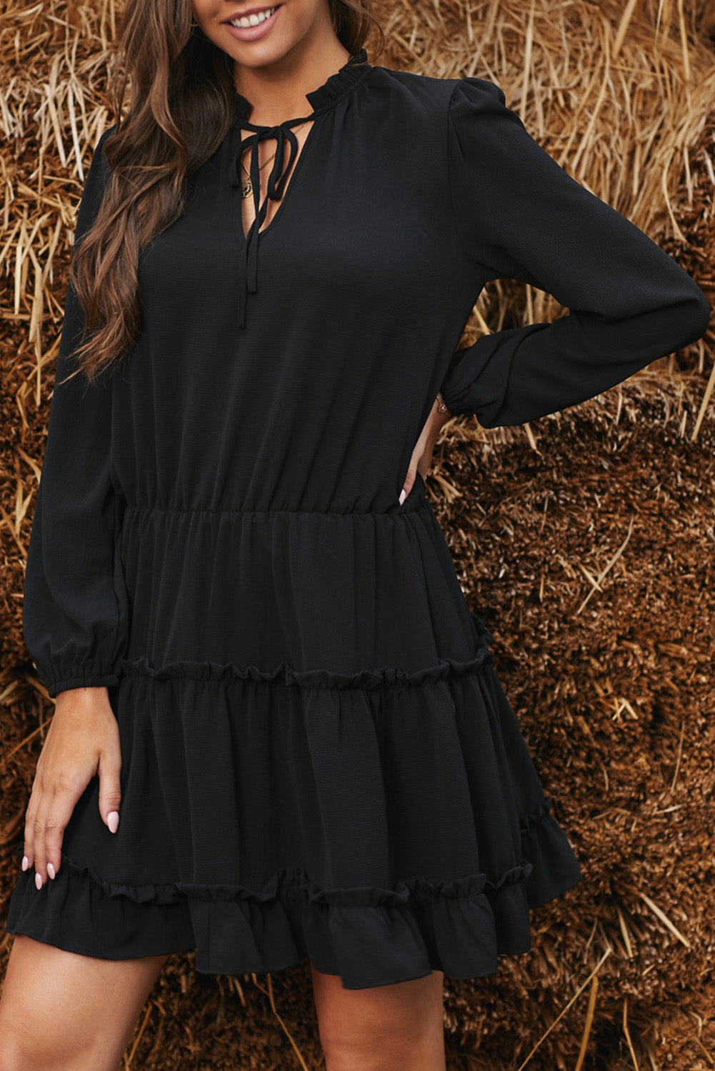 Solid Color Dress Tied V neck Lantern Sleeve Lotus Leaf
