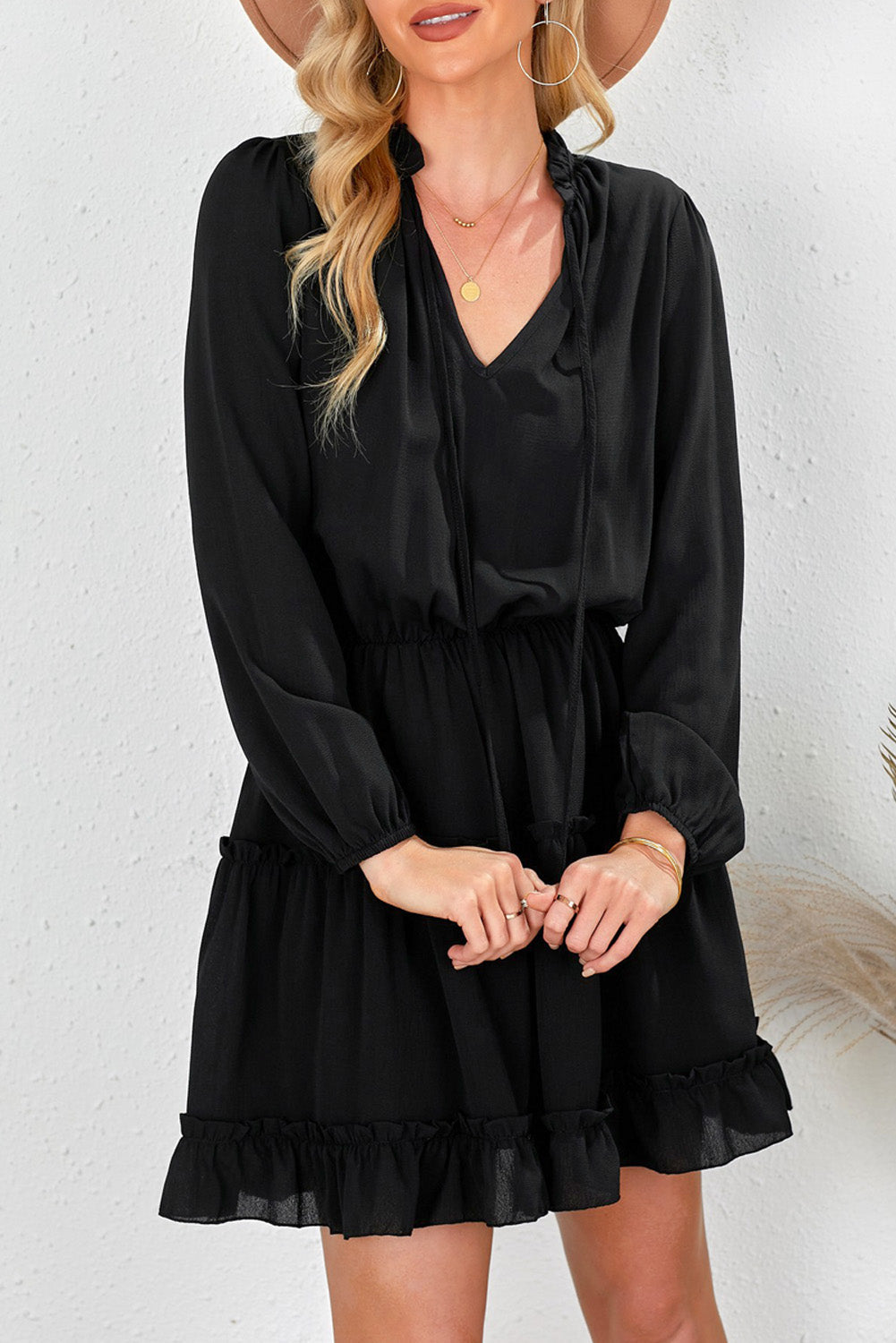 Solid Color Dress Tied V neck Lantern Sleeve Lotus Leaf