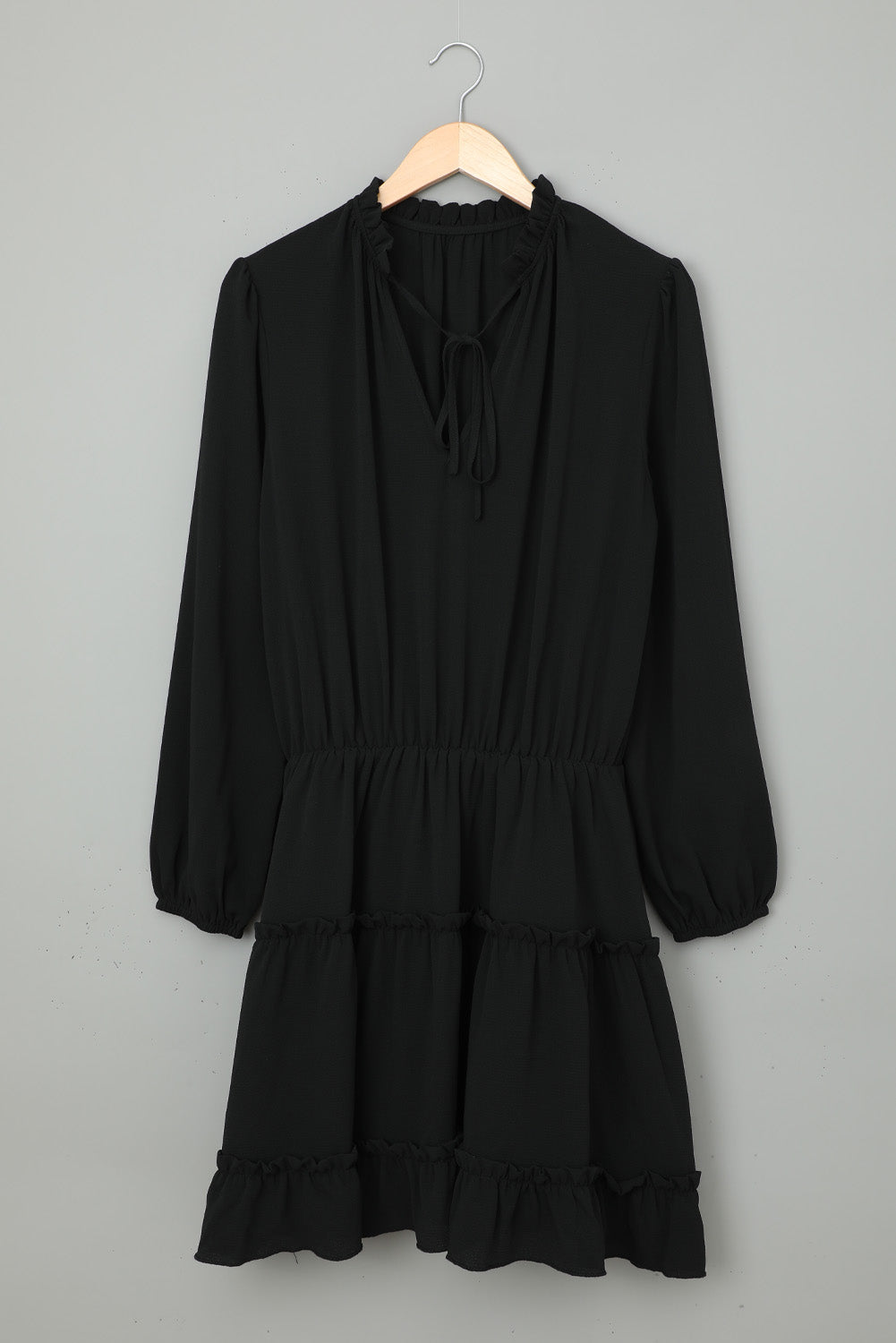 Solid Color Dress Tied V neck Lantern Sleeve Lotus Leaf
