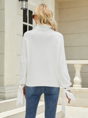 Tie-Cuff Raglan Sleeve Turtleneck Sweater