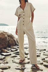 Linen Blended Straight Long Jumpsuit