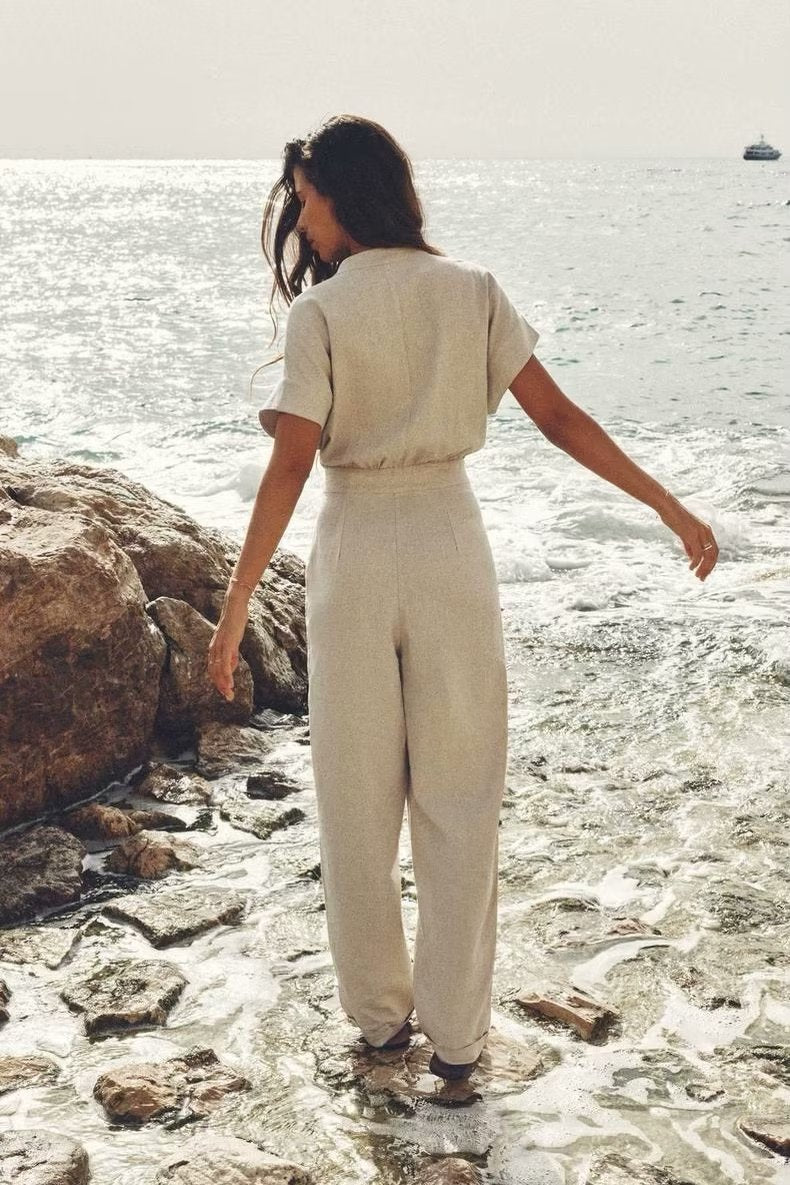 Linen Blended Straight Long Jumpsuit