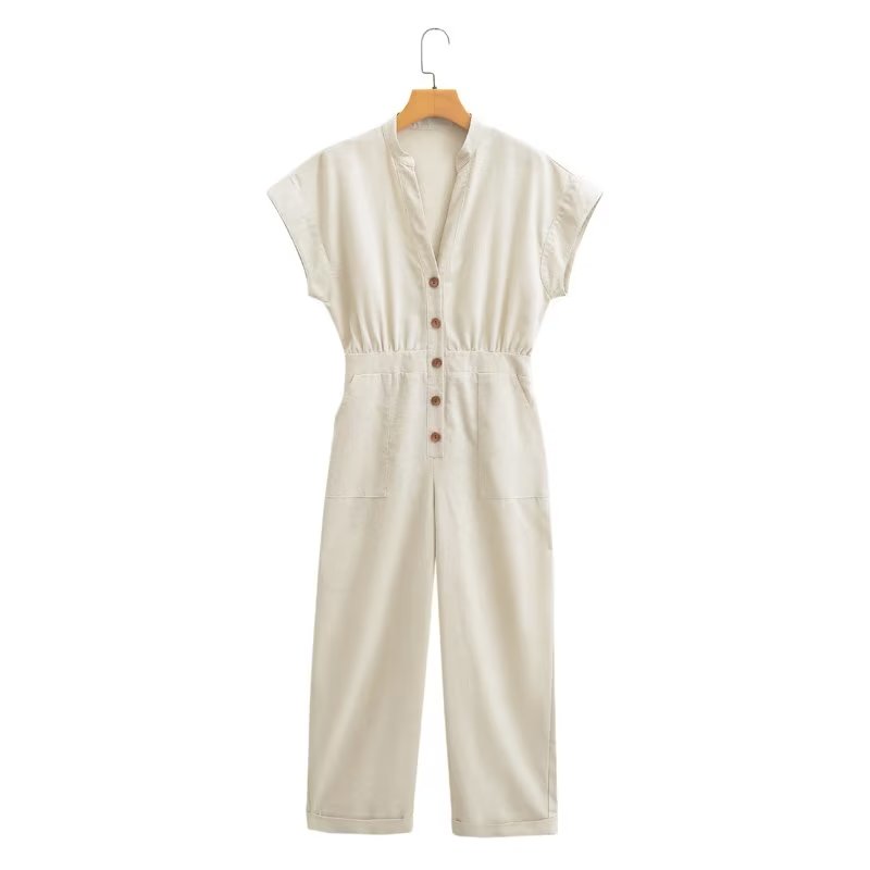 Linen Blended Straight Long Jumpsuit