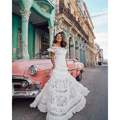 off-Shoulder Ruffled Hollow Out Cutout Wide Hem Lace Dress