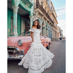 off-Shoulder Ruffled Hollow Out Cutout Wide Hem Lace Dress