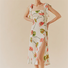 Elegantes Kleid mit hohem Schlitz und Trägern im französischen Pastoral-Print, Tube-Top, mittellanges Kleid