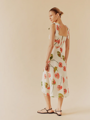 Elegantes Kleid mit hohem Schlitz und Trägern im französischen Pastoral-Print, Tube-Top, mittellanges Kleid