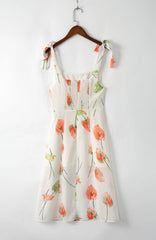 Elegantes Kleid mit hohem Schlitz und Trägern im französischen Pastoral-Print, Tube-Top, mittellanges Kleid