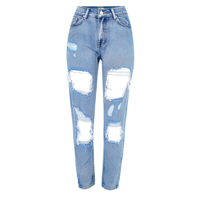 Pantalon taille haute ample en denim délavé irrégulier et asymétrique déchiré
