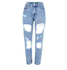 Pantalon taille haute ample en denim délavé irrégulier et asymétrique déchiré