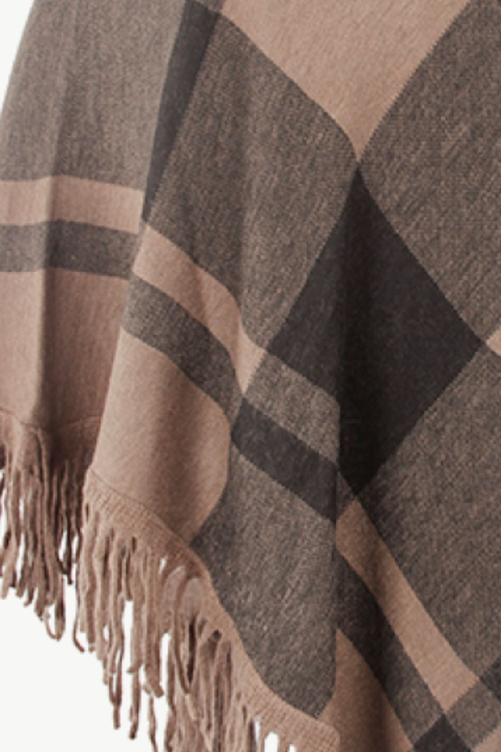 Plaid Fringe Hem Turtleneck Poncho