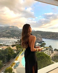 Jupe taille haute en lin avec col suspendu