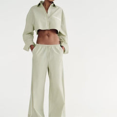 Striped Poplin Short Shirt Wide Leg Pants sets