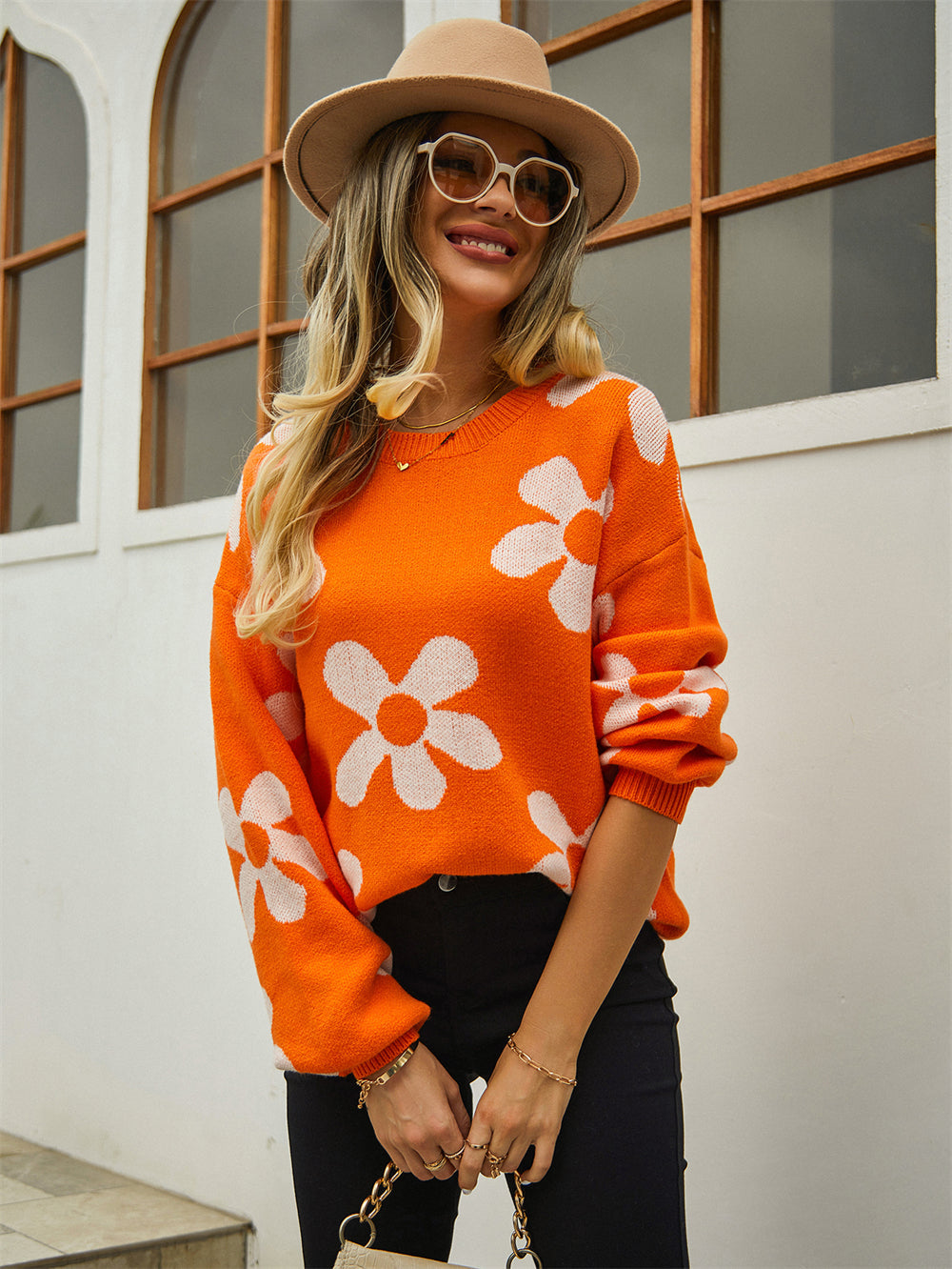 Printed Sweater Pullover Floral Plus Size Sweater