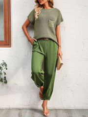 Short Sleeved Trousers Home Wear Contrast Color Sweater Two Piece sets No Belt