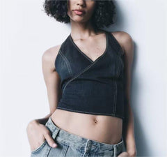 Double Breasted Denim Halterneck Vest Top