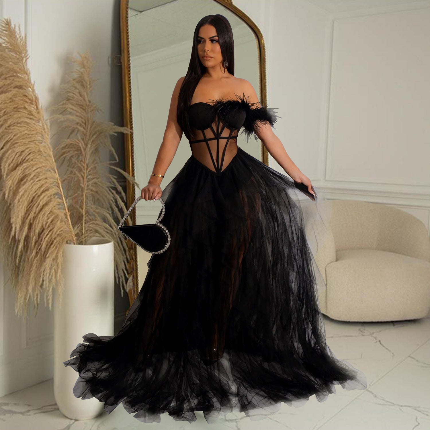 Robe longue en maille cache-cœur sans manches de couleur unie