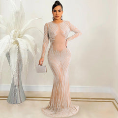 Night Club Rhinestone Mesh See through Long Sleeve Dress Dress