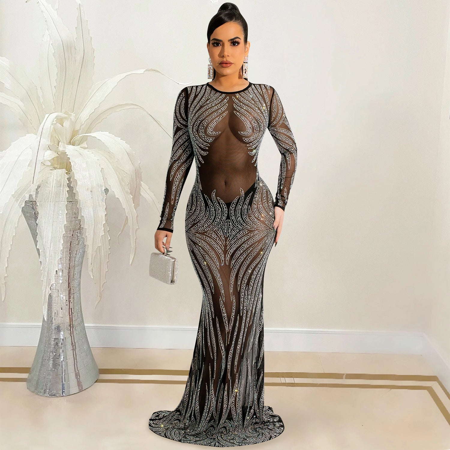 Night Club Rhinestone Mesh See through Long Sleeve Dress Dress