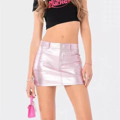 2239- Girl Cute Pink Faux Leather Short Skirt Low Waist Casual Skirt