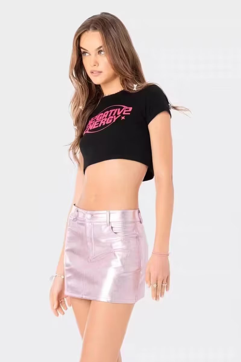 2239- Girl Cute Pink Faux Leather Short Skirt Low Waist Casual Skirt