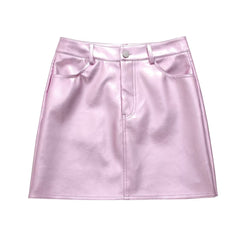 2239- Girl Cute Pink Faux Leather Short Skirt Low Waist Casual Skirt