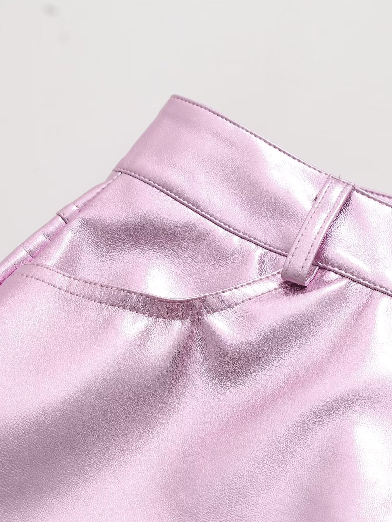 2239- Girl Cute Pink Faux Leather Short Skirt Low Waist Casual Skirt