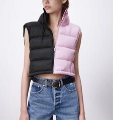 Two Color Contrast Color Cotton Padded Jacket Vest StCollar Short Vest Top