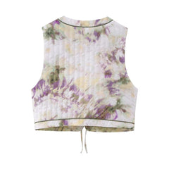 Retro Sleeveless Lace up Vest Tie Dyed Printed Personality Vest Top