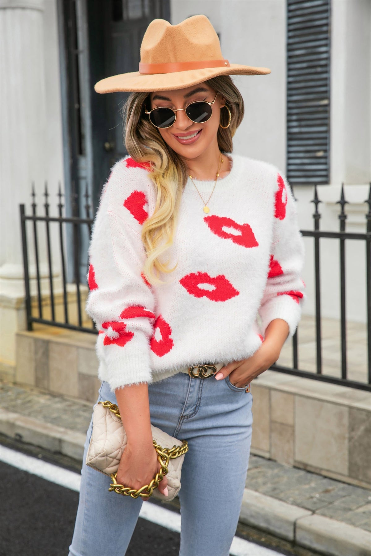 Lips Valentine Day Sweater Round Neck Pullover Love Sweater