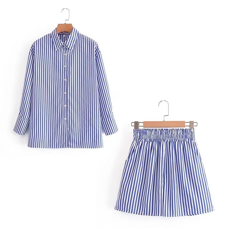 Home Striped Long Sleeve Loose Shirt Casual Shorts Suit