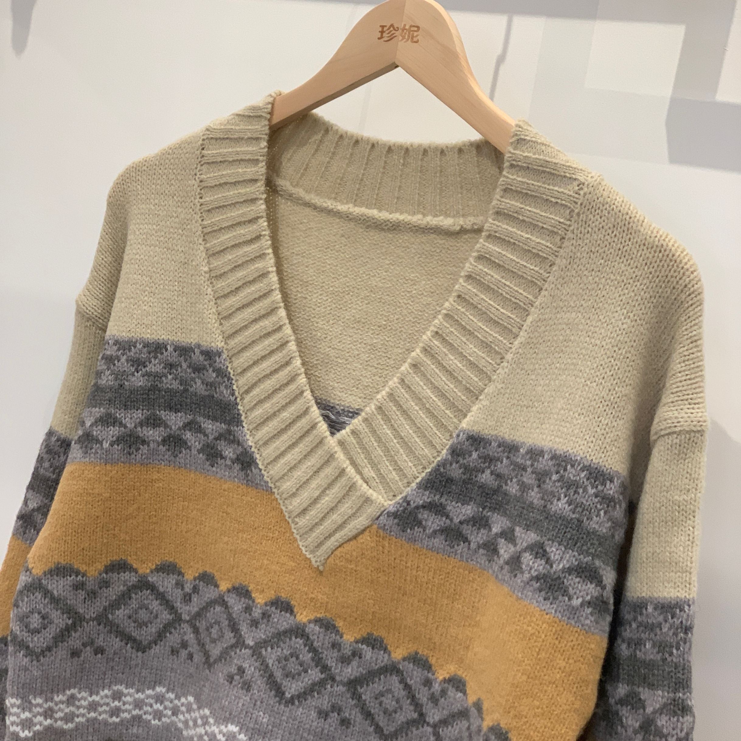 V neck Sweater Casual Retro Loose Version All Match Office Pullover Sweater