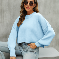 Solid Color Cropped Pullover Sweater Long Sleeve round Neck Sweater