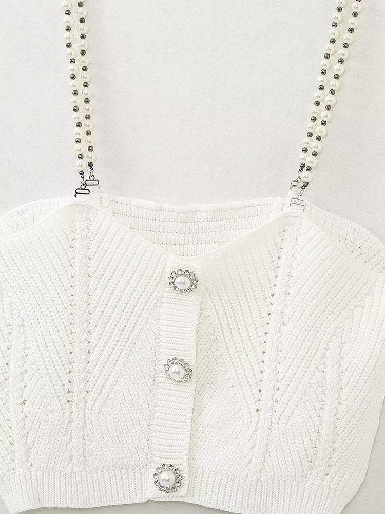 Fall Solid Color Small Sling Pearl Chain Knitted Tube Top Vest