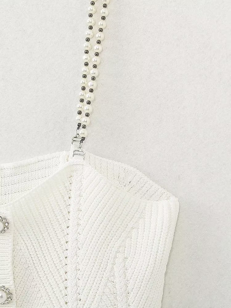 Fall Solid Color Small Sling Pearl Chain Knitted Tube Top Vest
