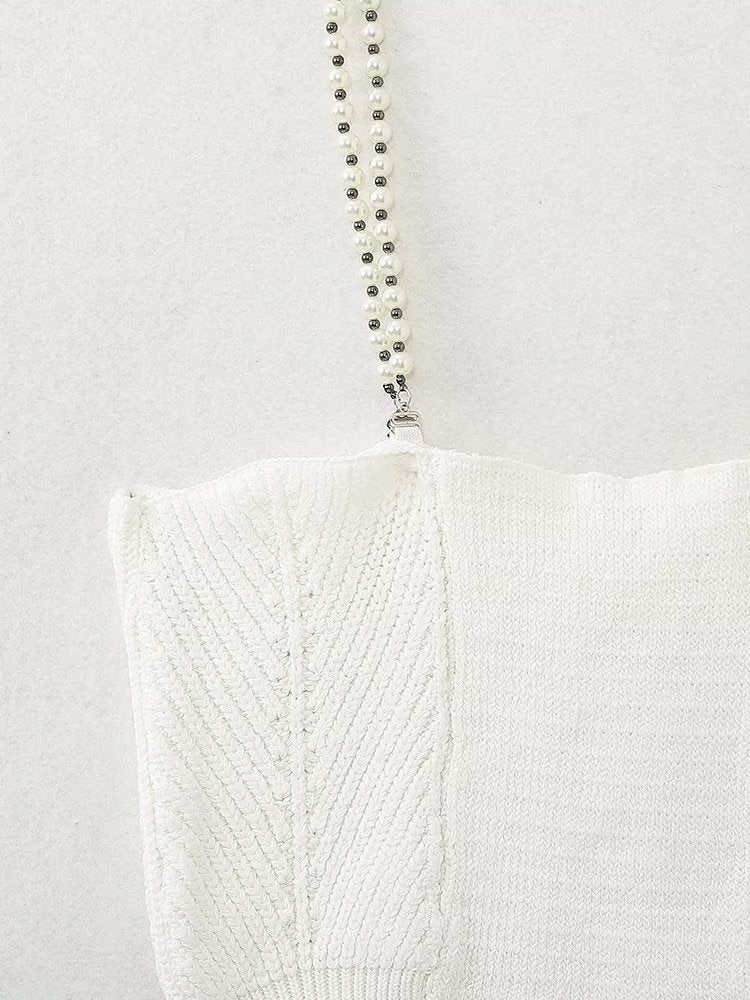 Fall Solid Color Small Sling Pearl Chain Knitted Tube Top Vest