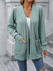 Solid Color Loose Shawl Mid Length Cable Knit Sweater Cardigan