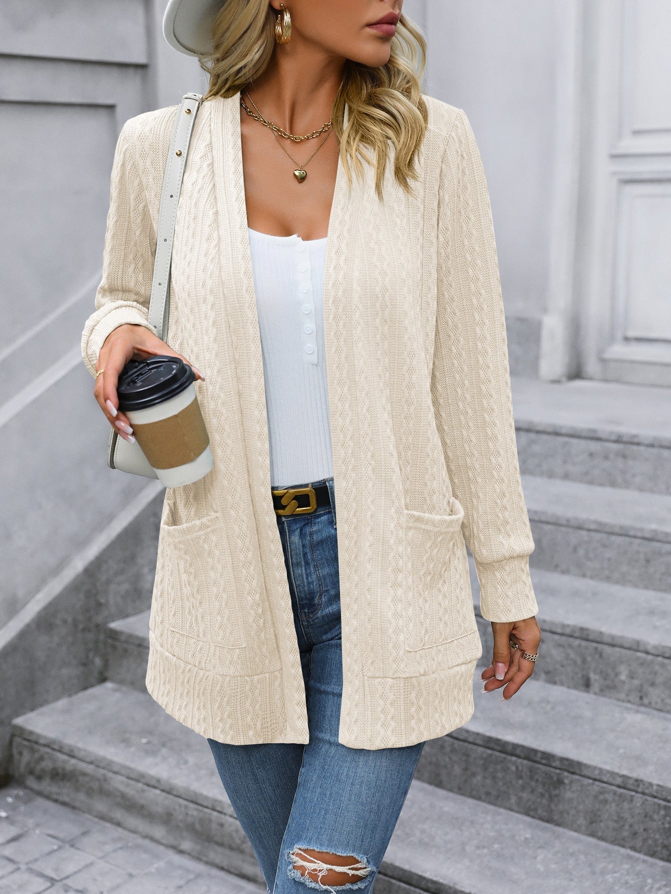 Solid Color Loose Shawl Mid Length Cable Knit Sweater Cardigan