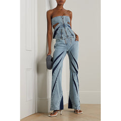 Denim Suit Color Contrast Patchwork Tube Top Three Dimensional Split Double Zipper Stitching Elastic Washed Jeans Two Piece Set