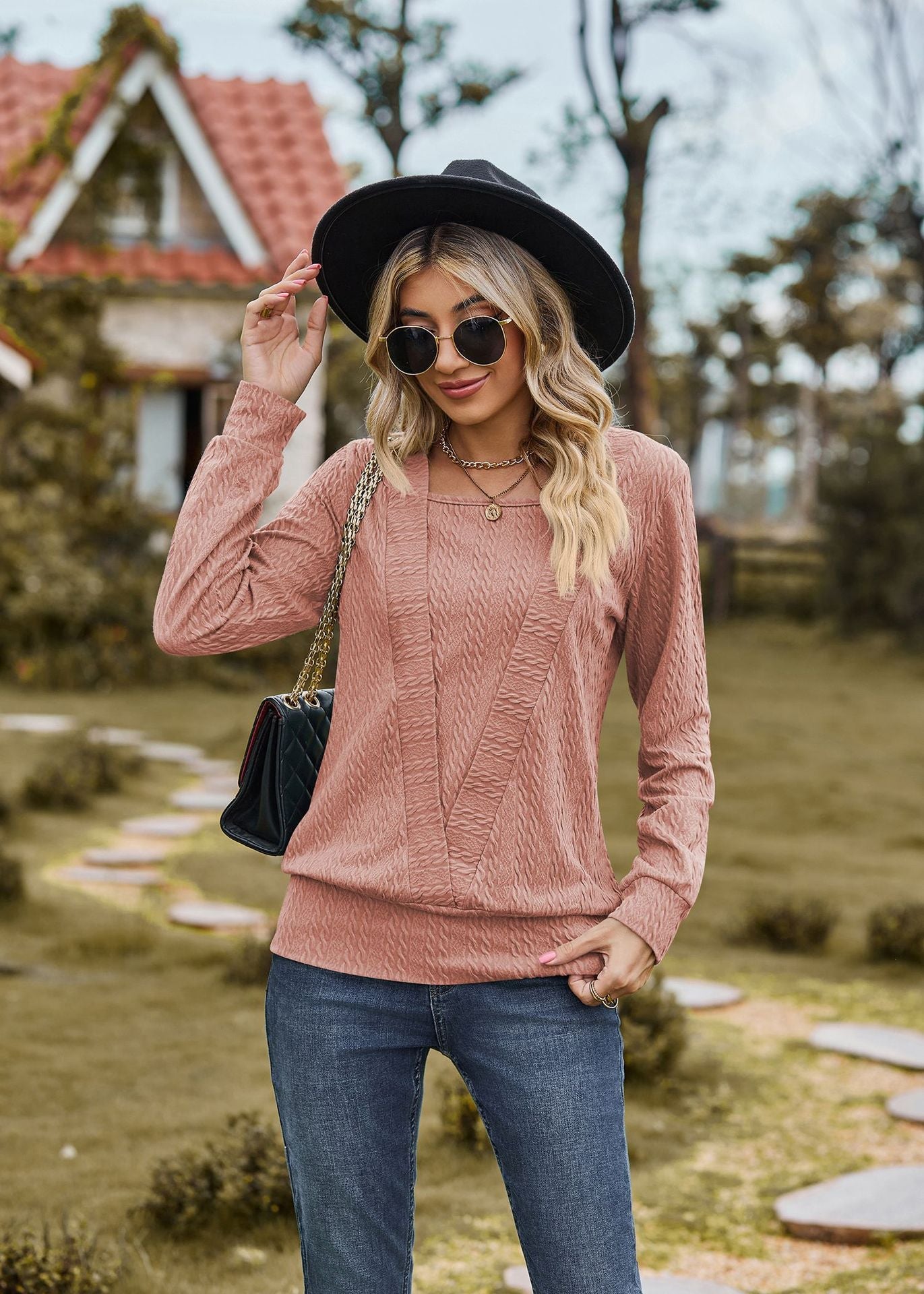 Solid Color Square Collar Cross Loose Long Sleeved T shirt Top