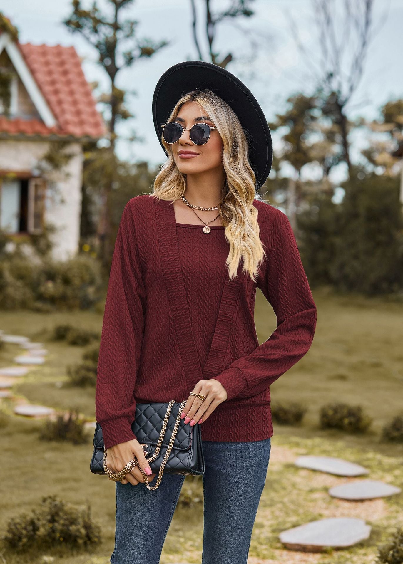 Solid Color Square Collar Cross Loose Long Sleeved T shirt Top