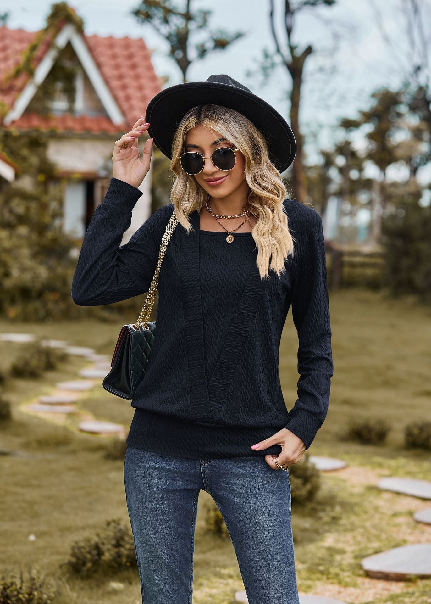 Solid Color Square Collar Cross Loose Long Sleeved T shirt Top