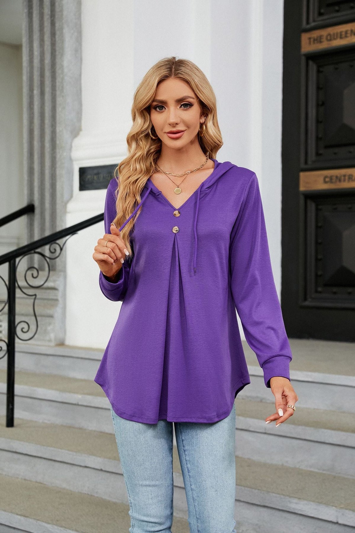 Solid Color V neck Button Hooded Loose Long Sleeves Sweater