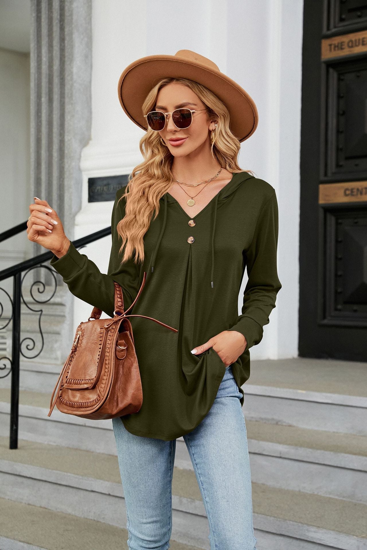 Solid Color V neck Button Hooded Loose Long Sleeves Sweater