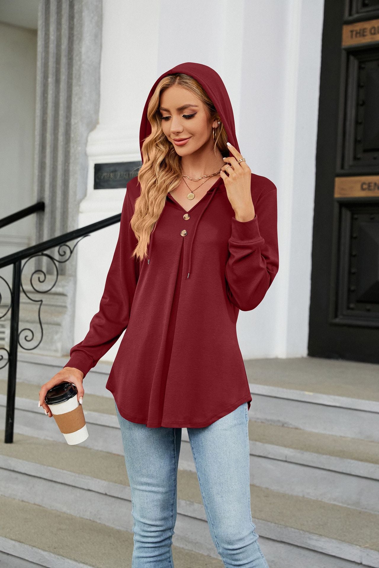 Solid Color V neck Button Hooded Loose Long Sleeves Sweater