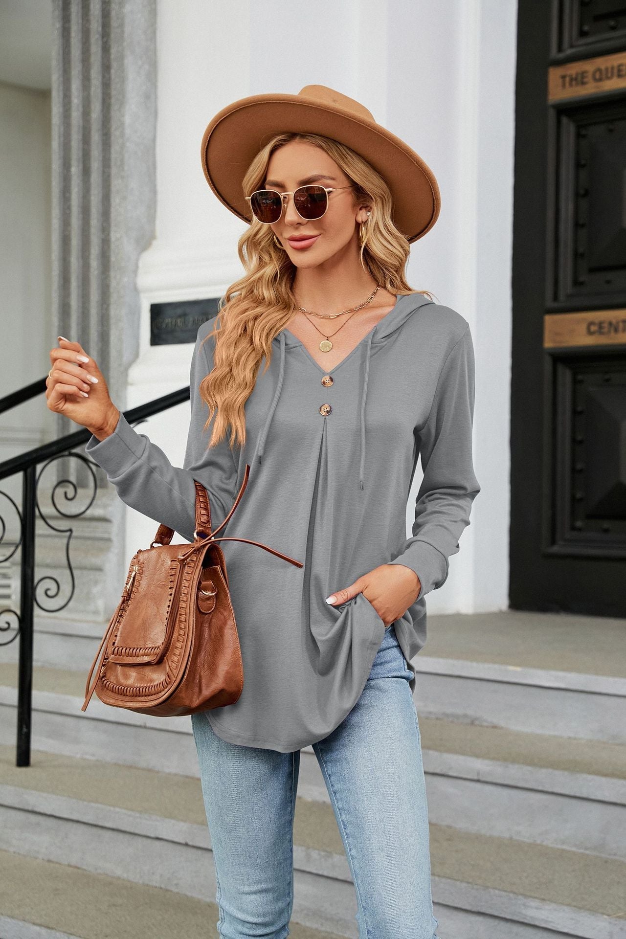 Solid Color V neck Button Hooded Loose Long Sleeves Sweater