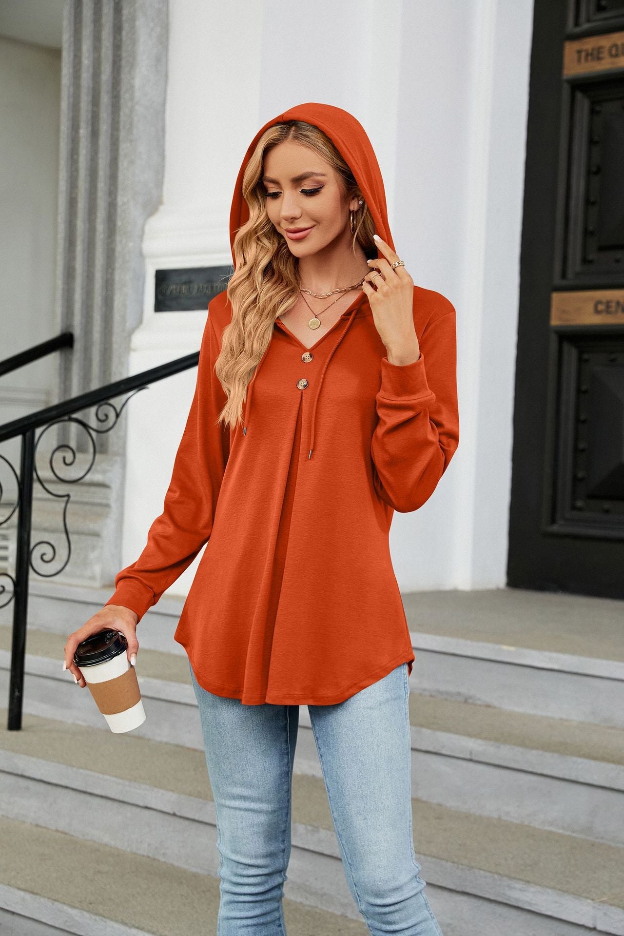 Solid Color V neck Button Hooded Loose Long Sleeves Sweater