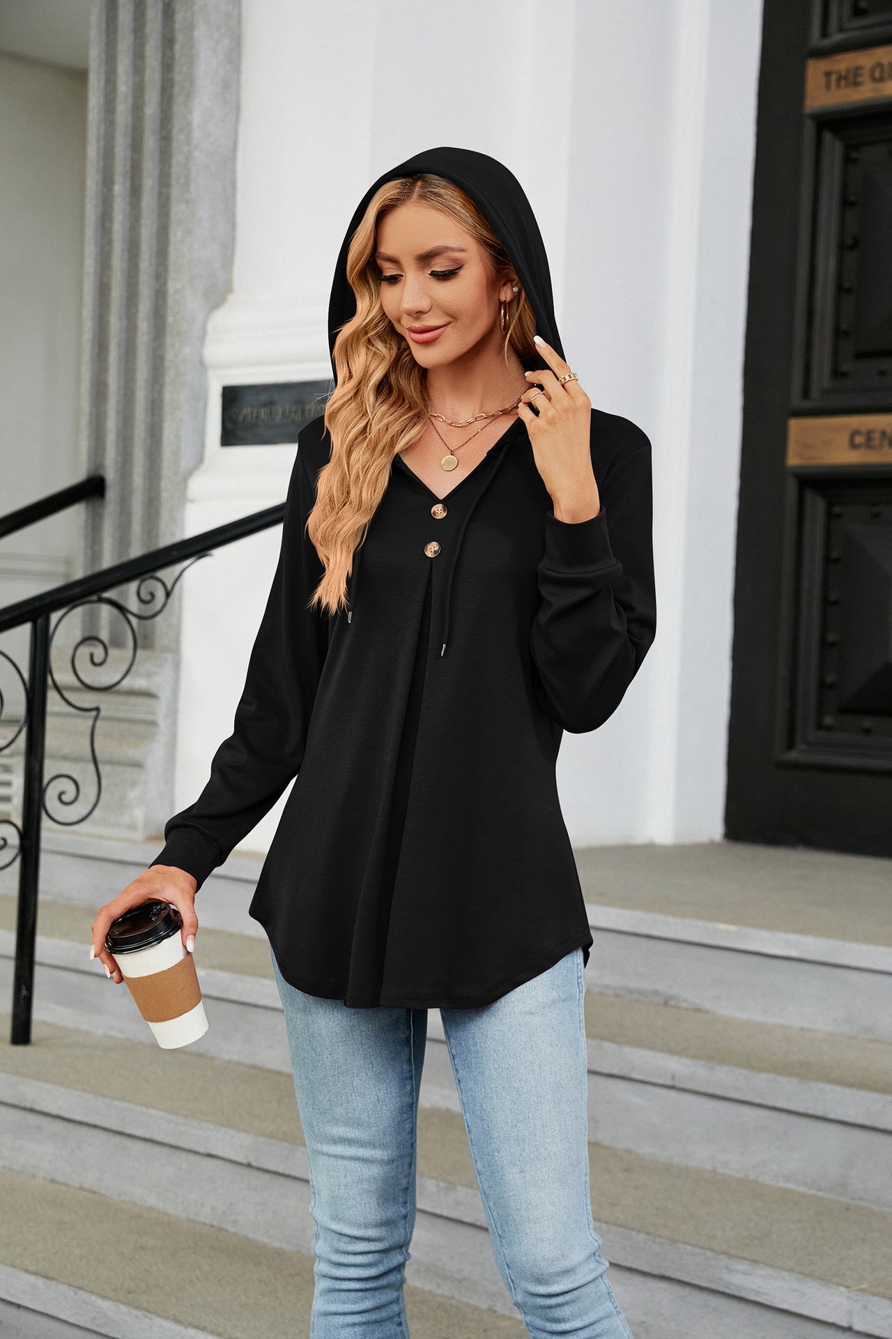 Solid Color V neck Button Hooded Loose Long Sleeves Sweater